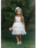 Ivory Lace Tulle Tiered Tutu Flower Girl Dress With Rhinestone Sash